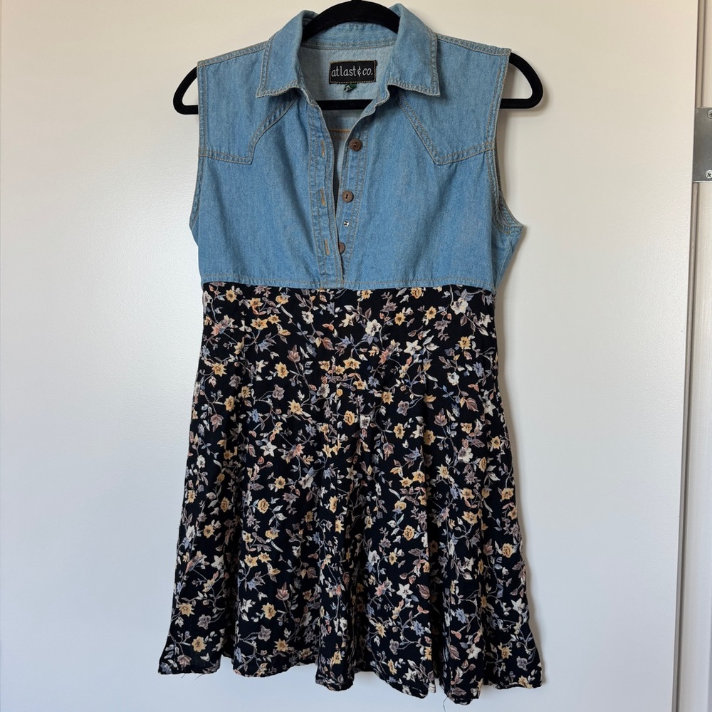 Vintage 90s Dress Blue Black Floral Mini Dress